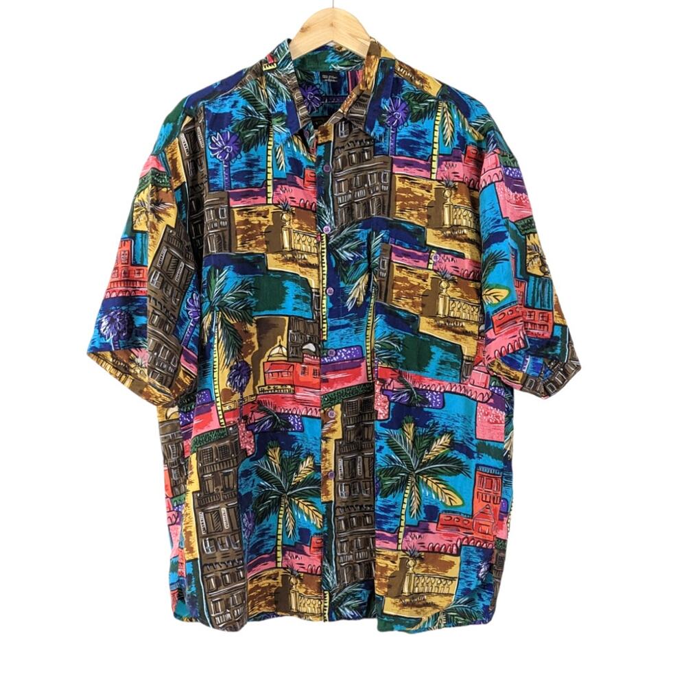 Vintage Mens 100% Silk Short Sleeve Button Up Hawaiian Aloha Shirt Size L